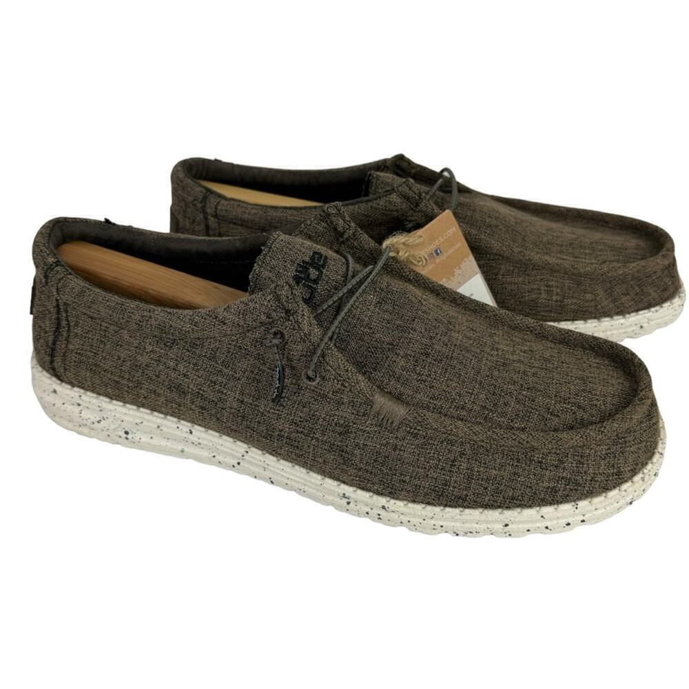 New Hey Dude Men's 14 Wally Eco Linen Loafers Slip On Shoes Dark Brown Natural